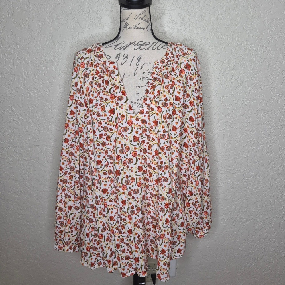 Old Navy Womens 3X Floral V-Neck Blouse Orange Green Long Sleeve Cotton Viscose